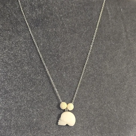 Carved White Jade Skull & Lava Stone Healing & Protection Natural Stone Necklace - Picture 1 of 6